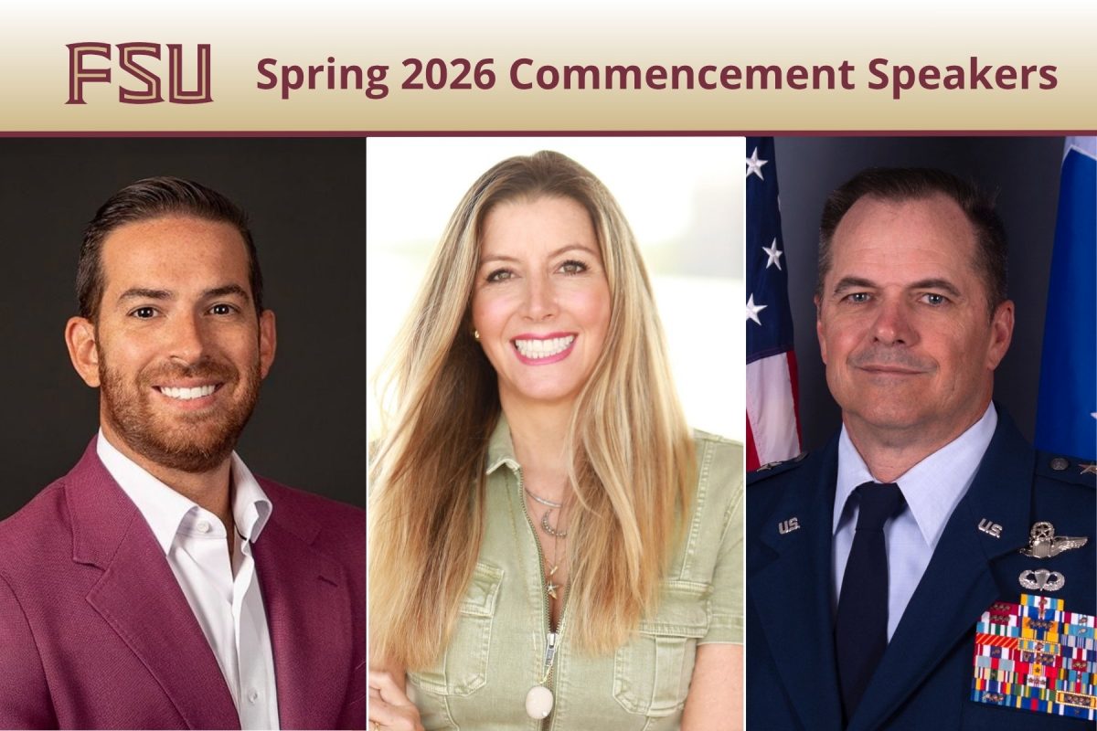 Graphic of three people with the text FSU Spring 2026 Commencement Speakers on top. From left, a man in a blazer, and woman in a dress and a man in a military uniform.