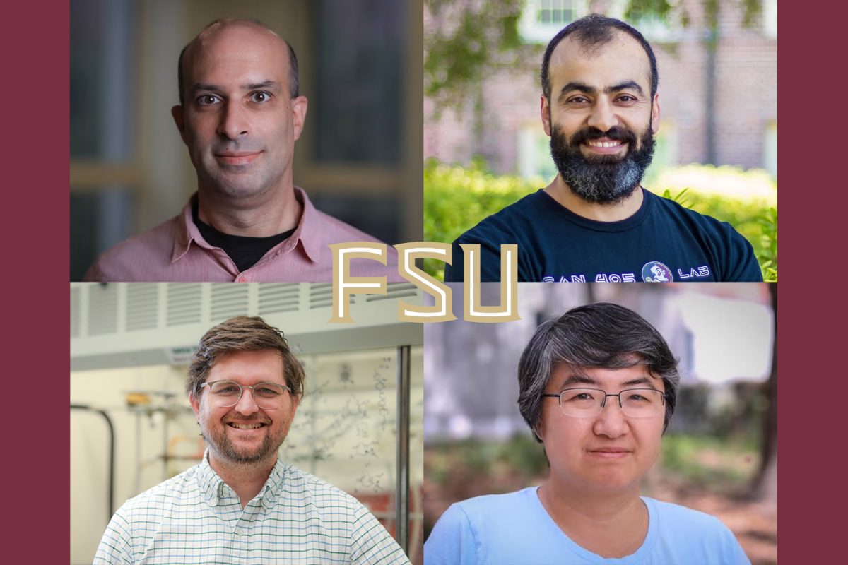 A composite image of headshots of four Florida State University faculty members with the FSU logo in the middle.