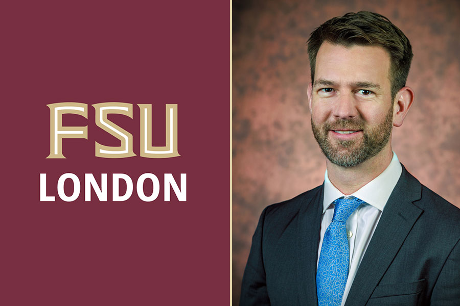 FSU London lockup on the left adjacent to a headshot of Ed Holroyd Pearce, director of the FSU London Study Centre.