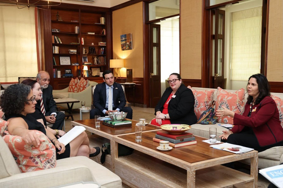 (Left to right) Na’Ama Nagar, Amanda Driscoll, FSU Panama Rector Carlos Langoni, Ambassador Kevin Cabrera, Ladanya Ramirez Surmeier and Vilma Fuentes participate in a meeting at the U.S. Embassy. (College of Social Sciences and Public Policy)