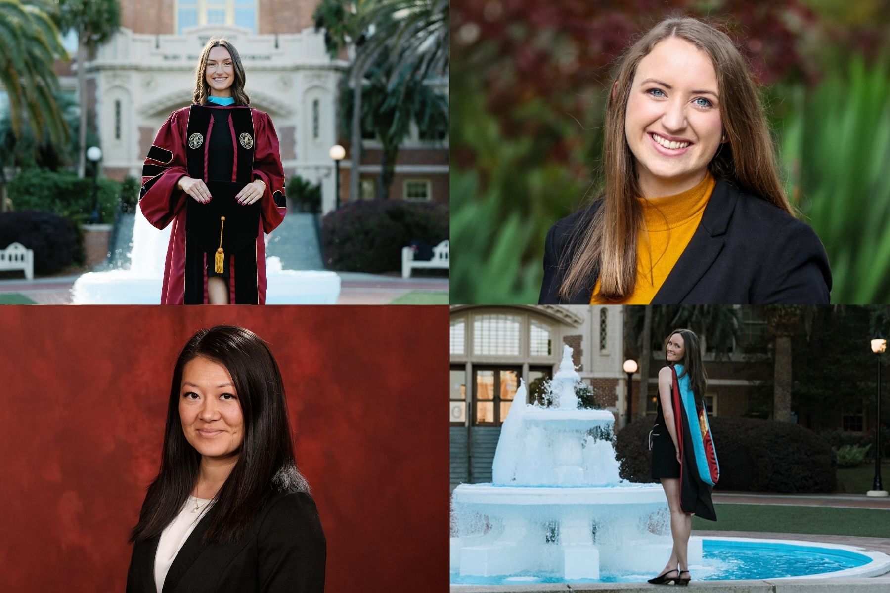 A four-photo collage featuring portraits of Spring 2026 graduates, including two women in academic regalia posing by a campus fountain and two professional headshots of women smiling against outdoor and textured backgrounds.
