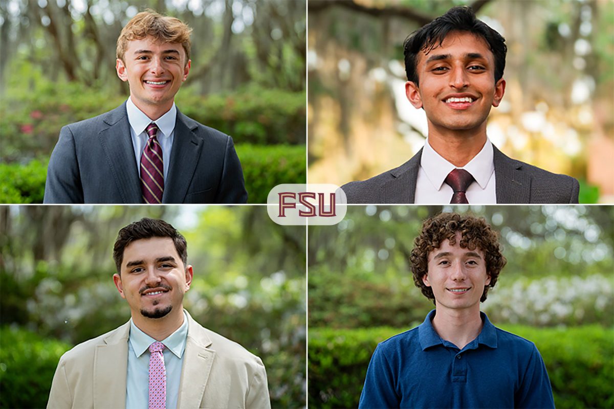 A composite of four individual headshots of young men, arranged in a two-by-two grid. All four are smiling and posed outdoors against a soft-focus background of lush green trees and foliage. FSU is in the middle of the collage.
