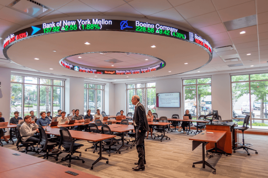 Steve Perfect, associate professor of finance, teaches Master of Science in Finance students today in the Peter & Mary Lee Jones Trading Room in the new Herbert Wertheim Center for Business Excellence. Select MSF students serve as portfolio managers for the highly ranked Student Investment Fund (SIF), which operates out of the trading room and benefits from its Bloomberg terminals and other technology used by leading Wall Street firms. (Photo by Kallen Lunt)