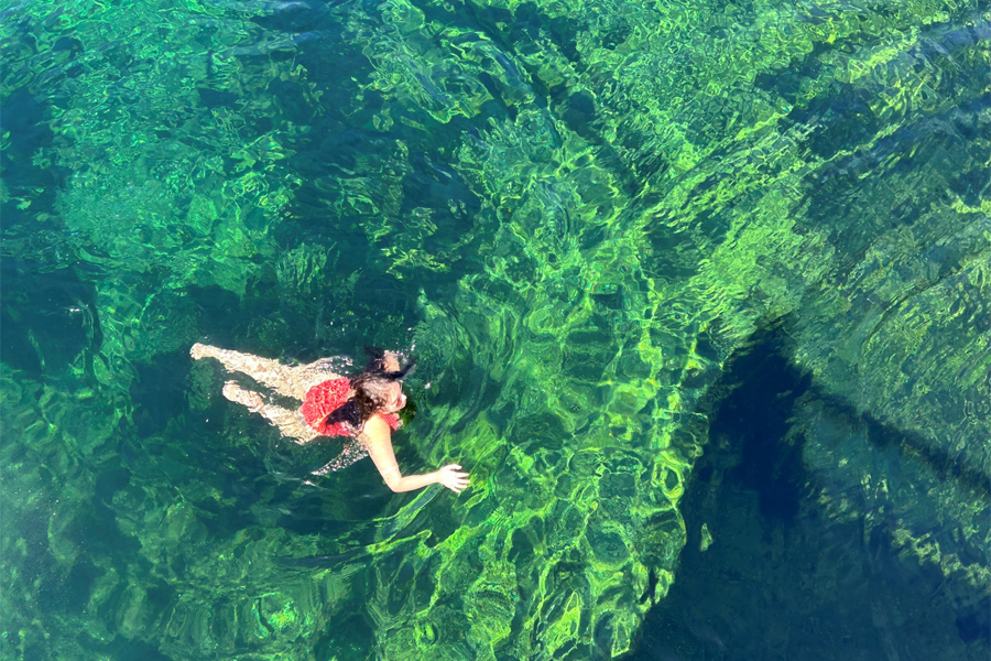 An overhead view of a swimmer in clear water.