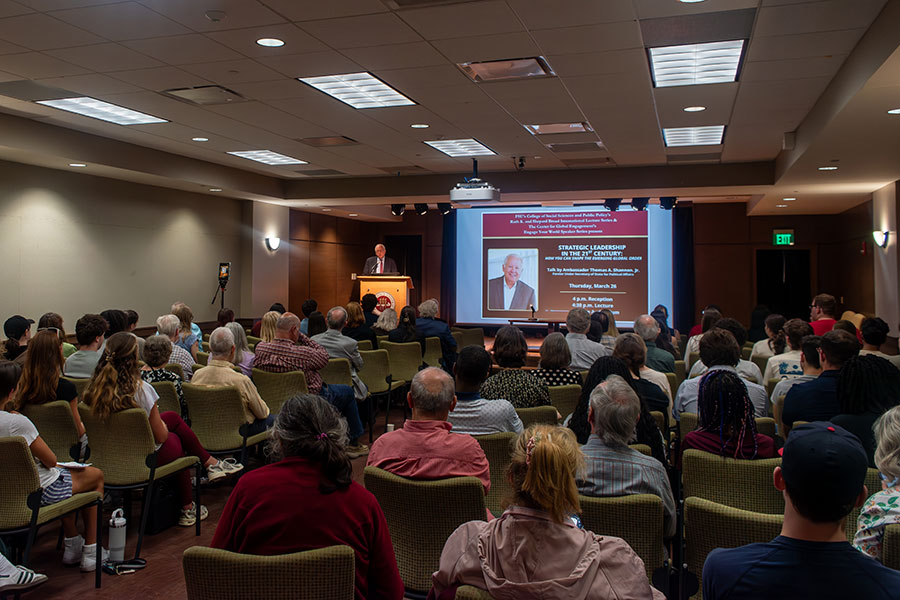 Ambassador Thomas A. Shannon, the former Under Secretary of State for Political Affairs, delivered the lecture “Strategic Leadership in the 21st Century: How You Can Shape the Emerging Global Order” March 26 at The Globe Auditorium. (Jalisa Redding/Center for Global Engagement)