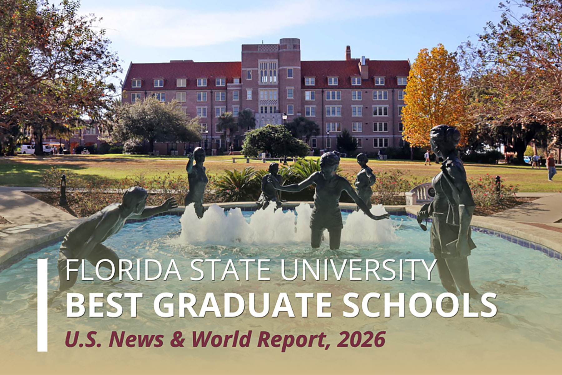 Landis Fountain with statues of children playing the water with Landis Hall, a brick red building, in the background. Text reads Florida State University, Best Graduate Schools, U.S. News & World Report, 2026