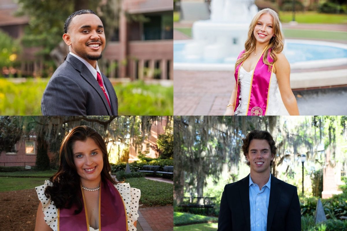 A four-photo collage featuring Spring 2026 graduates posing in professional attire and graduation stoles across a scenic, sunlit university campus.