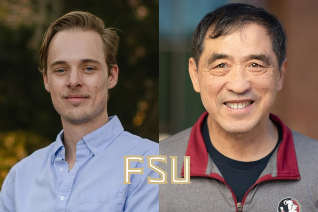 This image features a side-by-side composite of two men, overlaid with a prominent, gold "FSU" (Florida State University) logo centered along the bottom seam.