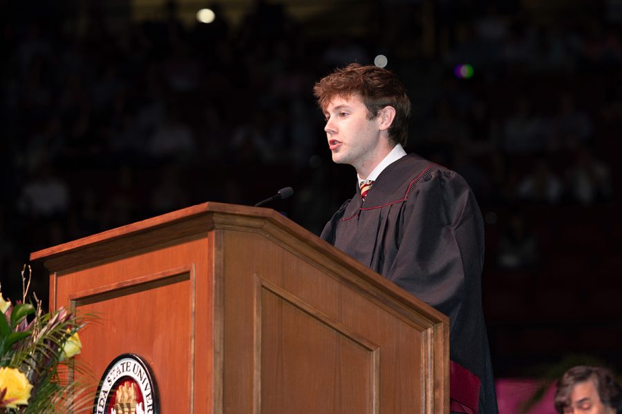 Student Body President Carson Dale addresses graduates during Florida State University’s Spring 2026 commencement ceremony Friday, May 1, 2026, at the Donald L. Tucker Civic Center. (Bill Lax/Florida State University)