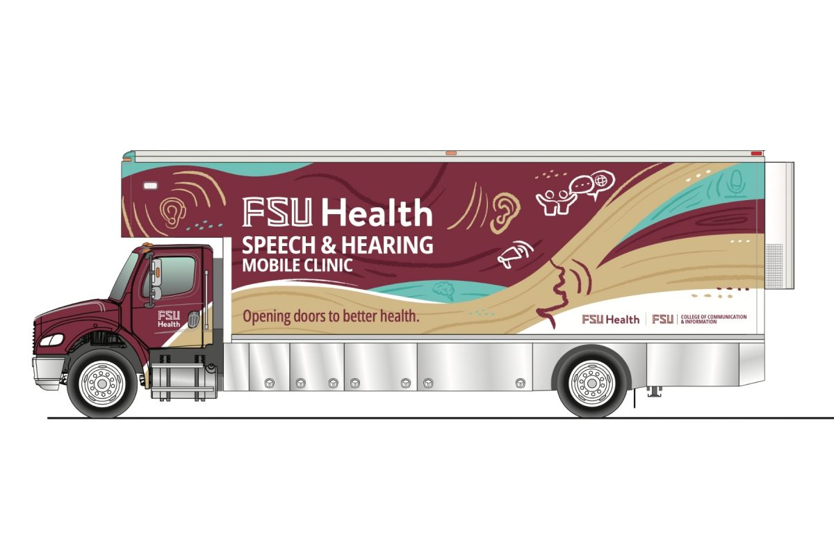 A photo mockup of the FSU Health Mobile Speech and Hearing Clinic box truck