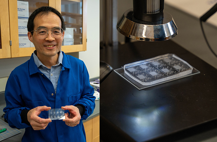 A composite image that shows, on the left, a man holding a small piece of silicone. On the right is a close-up view of the silicone etched with small channels.