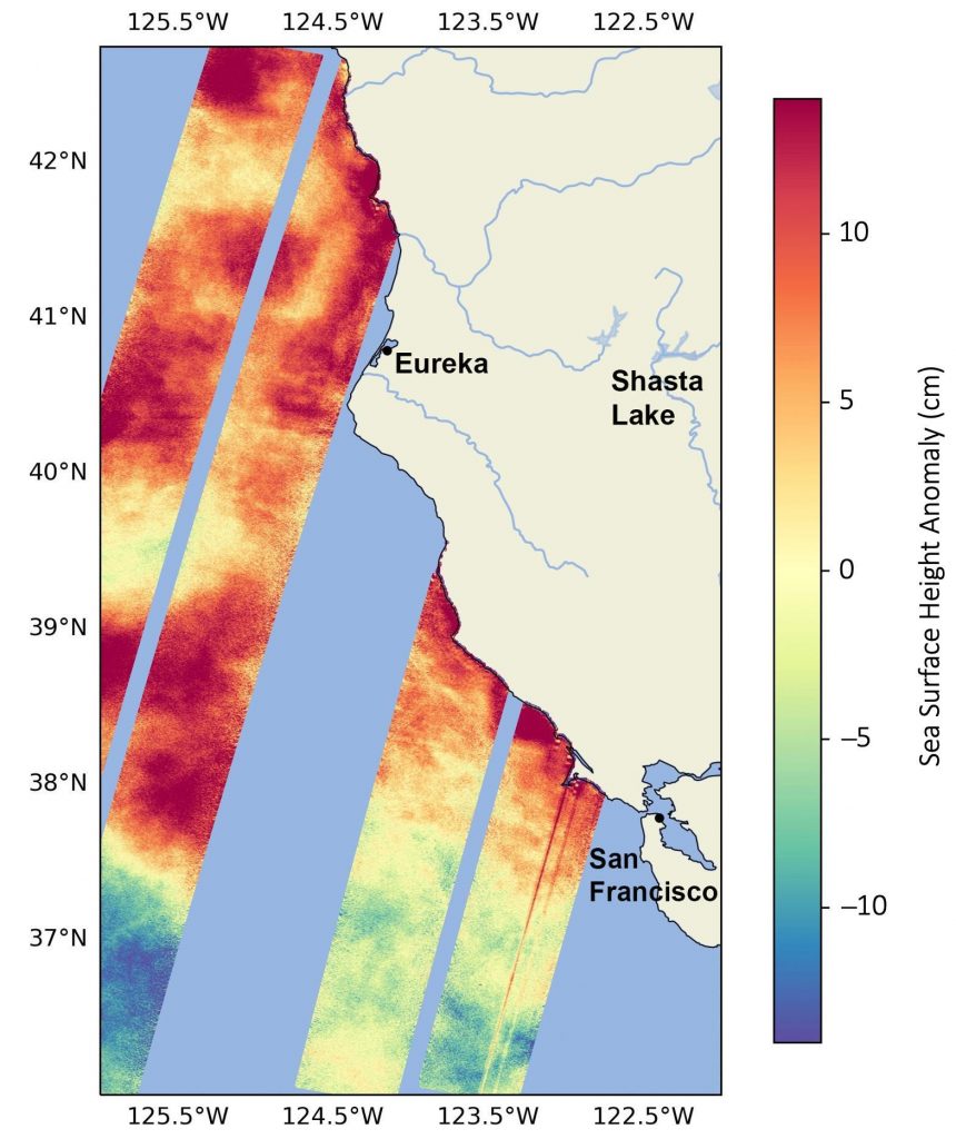 Map of the northern California coast showing sea surface height anomalies offshore, with red indicating higher values and blue indicating lower values, and labeled locations including Eureka, Shasta Lake, and San Francisco.