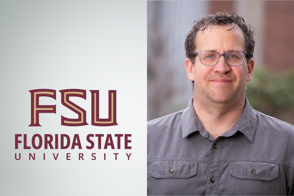 A composite photo and graphic. On the left is a graphic with the Florida State University logo. On the right is a photo portrait of Associate Professor of Scientific Computing Bryan Quaife.