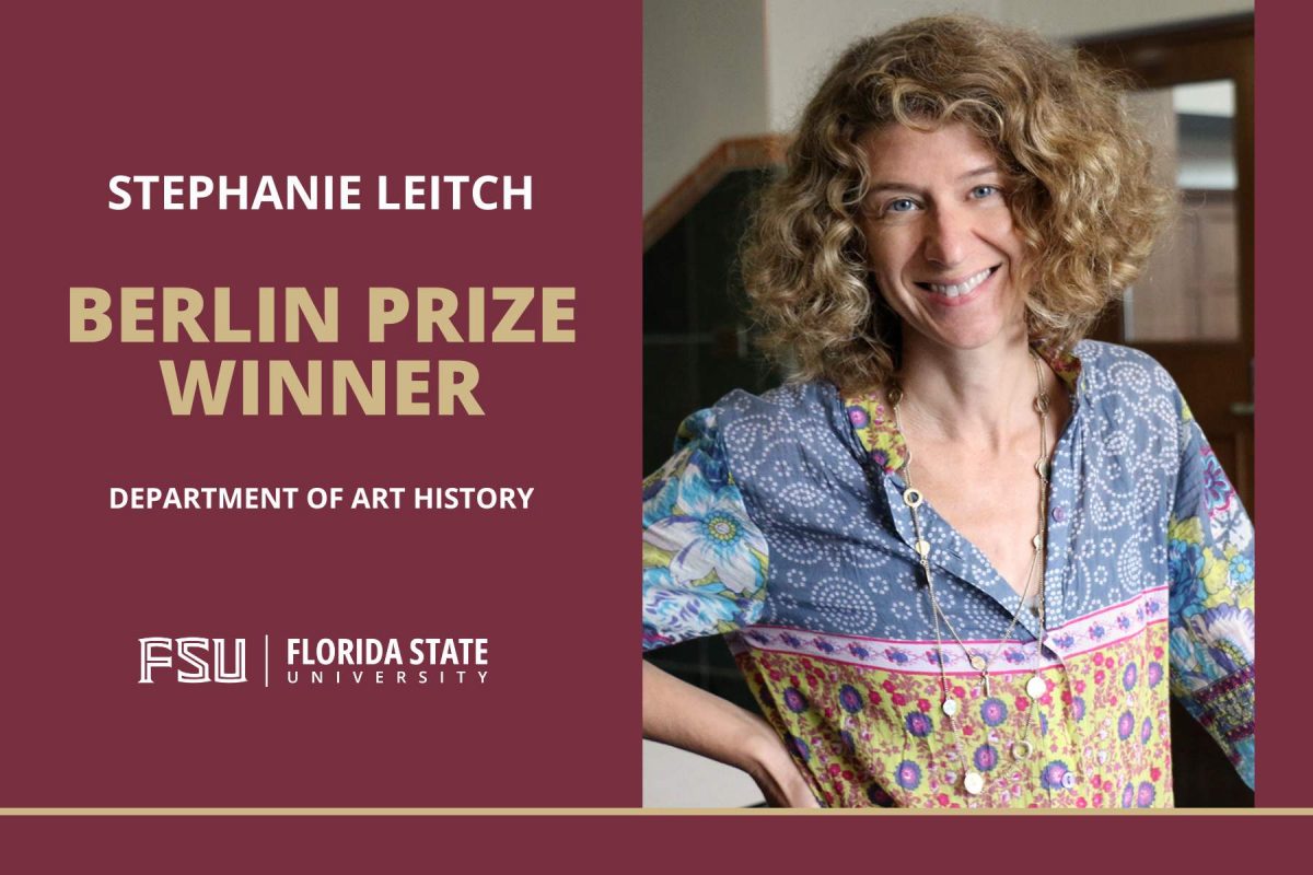Photo of Stephanie Leitch, professor and chair of FSU's Department of Art History, is shown in a graphic announcing her Berlin Prize win.