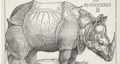 Black-and-white 1515 woodcut by Albrecht Dürer depicting a rhinoceros covered in armor-like plates and intricate patterns. The image became one of the most widely reproduced animal illustrations in early modern Europe.