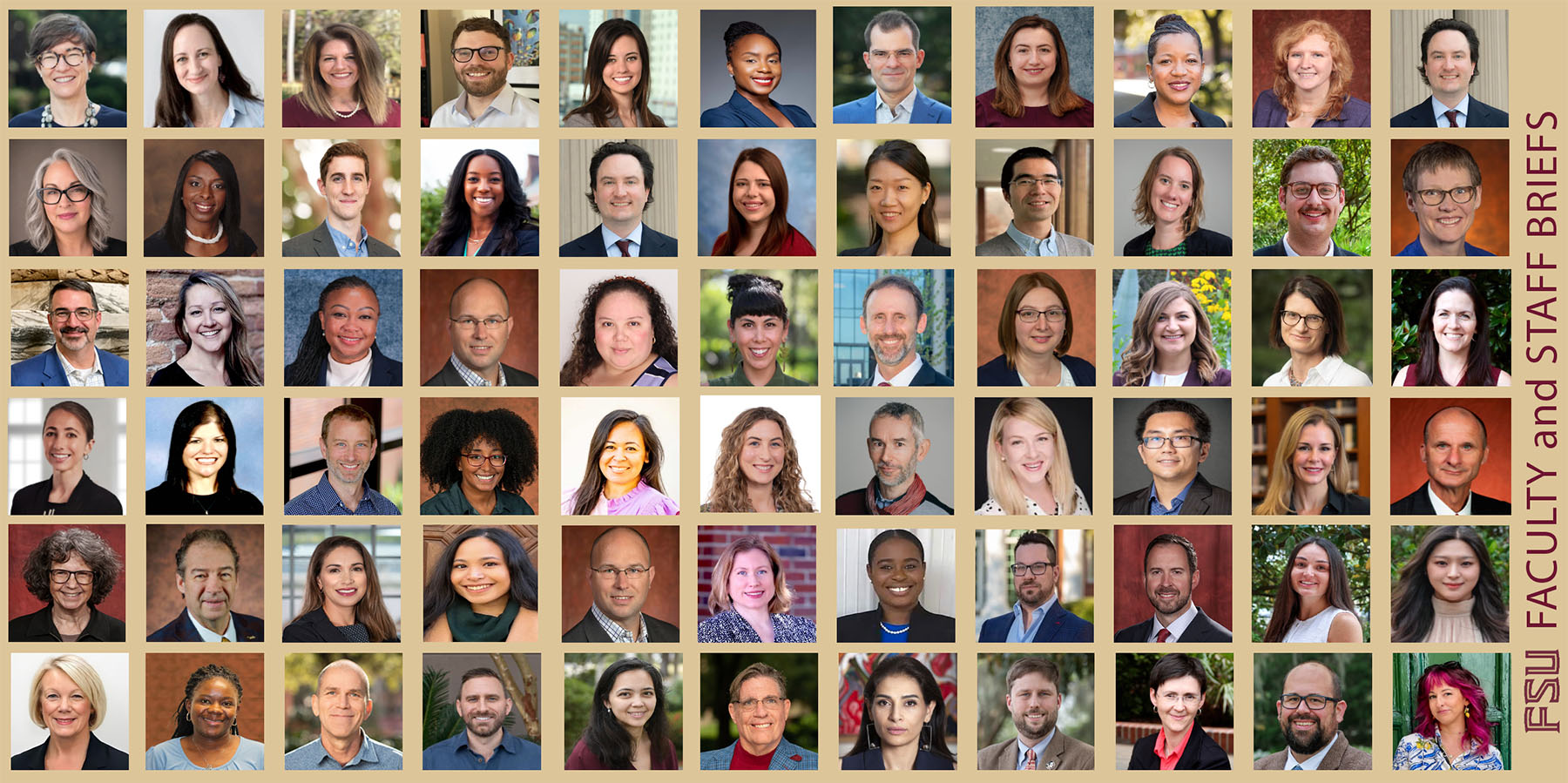 This image features a large grid of headshots showcasing various FSU faculty and staff members, arranged alongside vertical text on the right that reads "FSU FACULTY and STAFF BRIEFS."