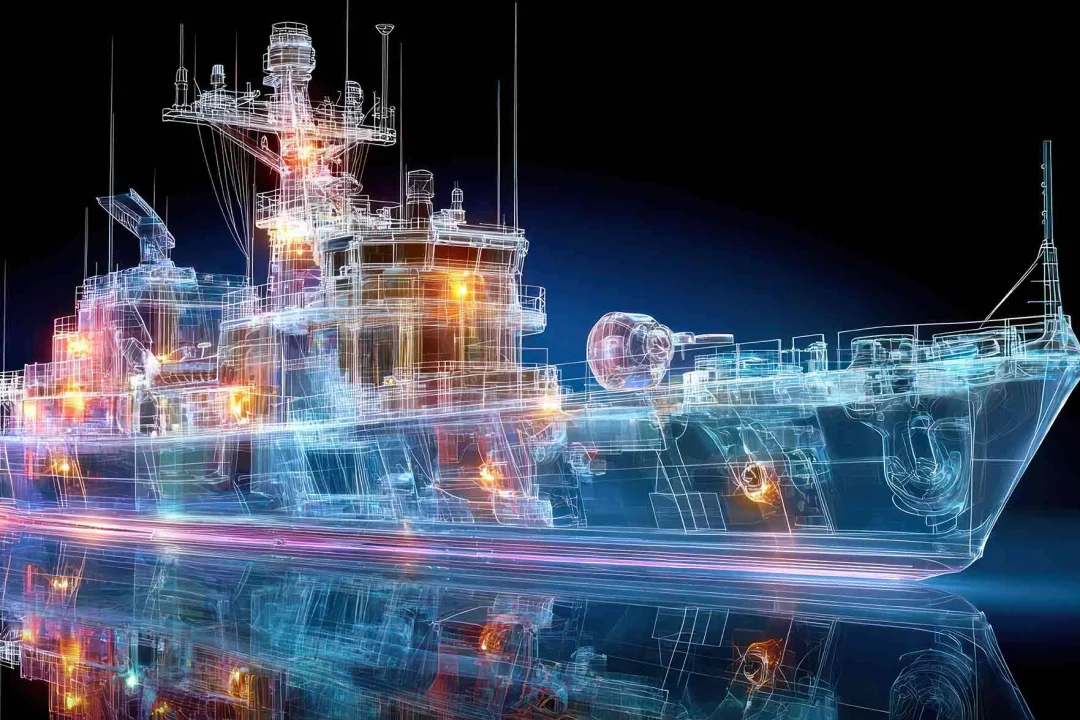 A wireframe digital schematic of a naval ship rendered in glowing blue and orange light against a dark background.