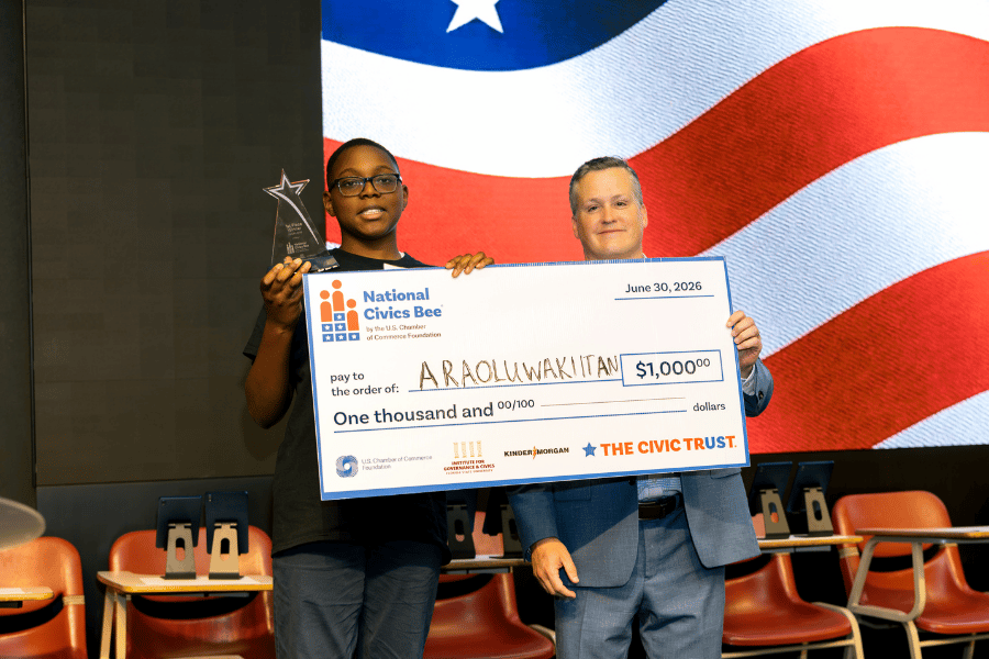Pictured left, Araoluwakiitan A. is the 2026 Florida Statewide Finals winner and takes a photo with FSU Institute for Governance and Civics Director Ryan Owens.
