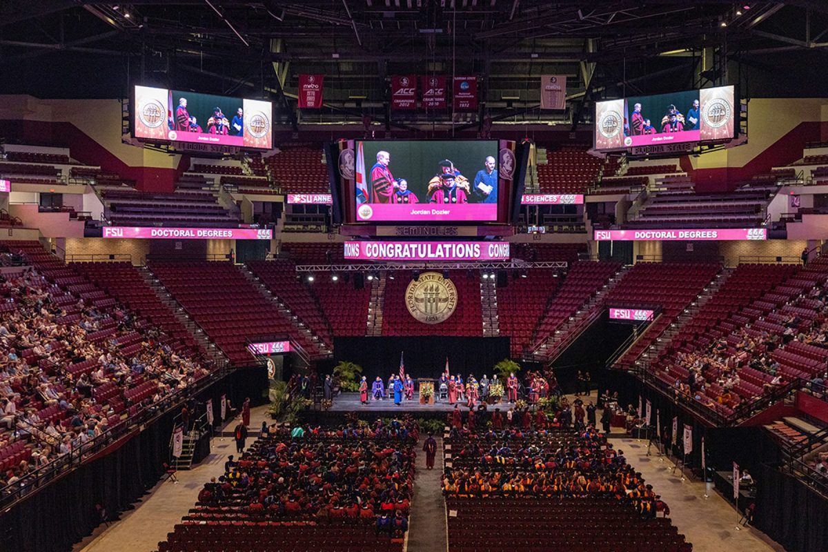 An expansive wide-angle view of an indoor arena filled with attendees during Florida State University's doctoral commencement ceremony.