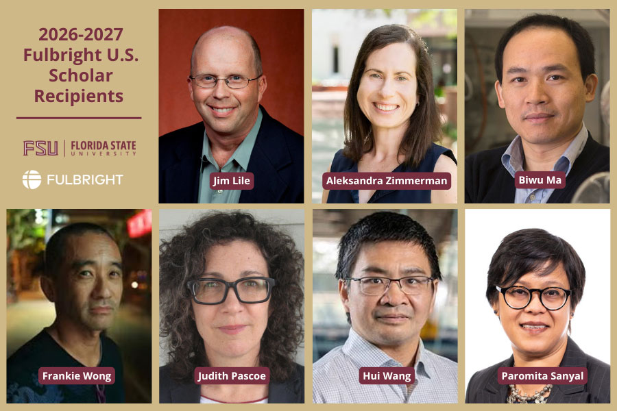 Gold graphic with seven headshots and the FSU lockup and Fulbright lockup.