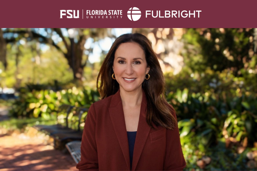 Woman standing in front of lush landscape with "Florida State University" lockup and "Fulbright" lockup.