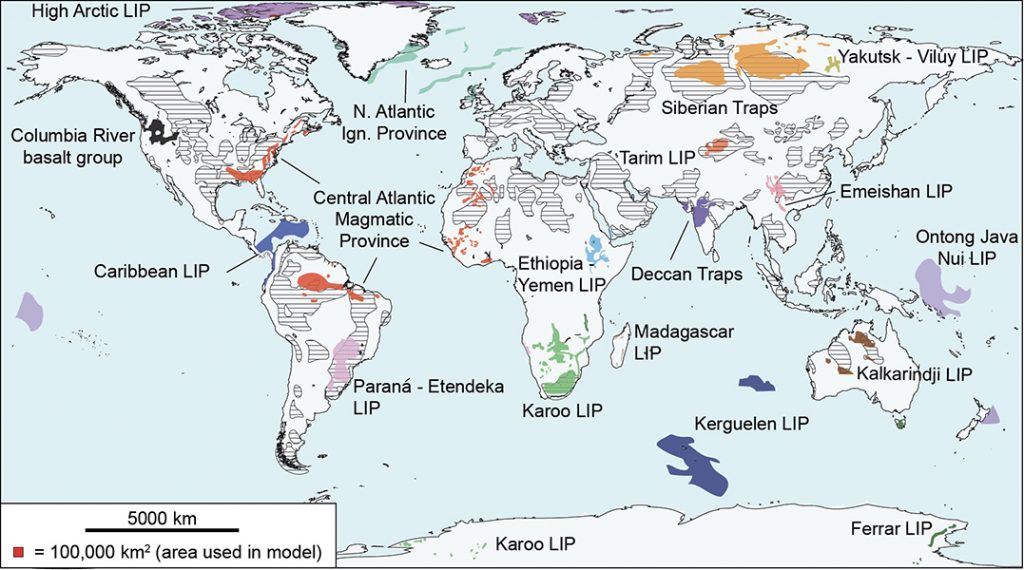 World map showing the distribution of major Large Igneous Provinces (LIPs), regions where enormous volumes of magma were emplaced during Earth's history. Colored areas identify well-known provinces, including the Siberian Traps, Deccan Traps, Central Atlantic Magmatic Province, Karoo, Paraná-Etendeka, Caribbean, Ontong Java Nui, and Kerguelen LIPs. The map highlights LIPs on every continent and several ocean basins, illustrating their global extent and widespread occurrence through geologic time.
