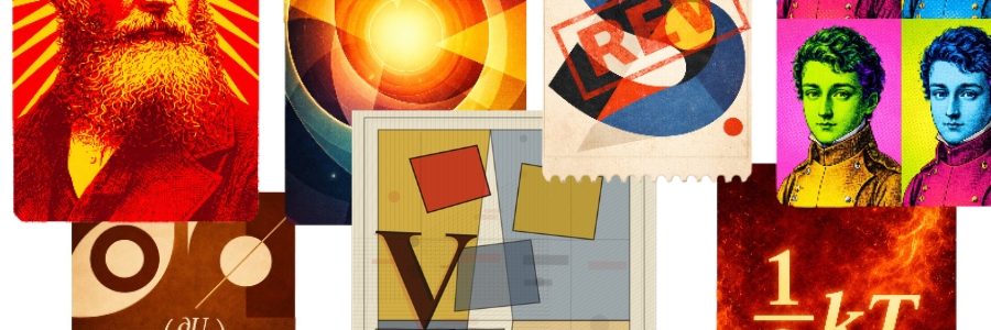A collage of colorful graphics related to physics and thermodynamics. The image includes stylized portraits of a historical scientist, abstract geometric artwork, a postage-stamp-style design marked “REV,” diagrams featuring geometric shapes, the equation T = (∂U/∂S)V, and the formula ½kT displayed against a fiery background. The arrangement combines scientific concepts, mathematics, and artistic interpretations in bold red, orange, blue, yellow, and purple tones.