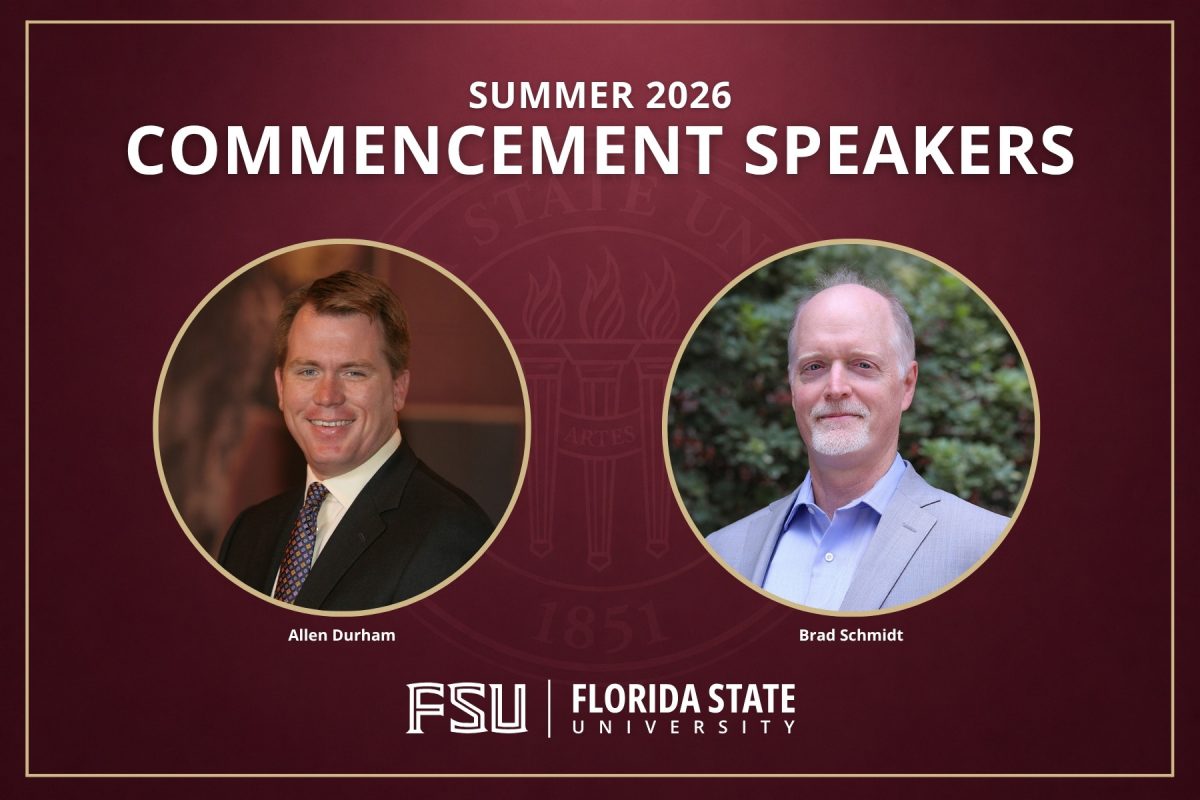 An FSU graphic titled "Summer 2026 Commencement Speakers" showcases portraits of two featured guests side by side.