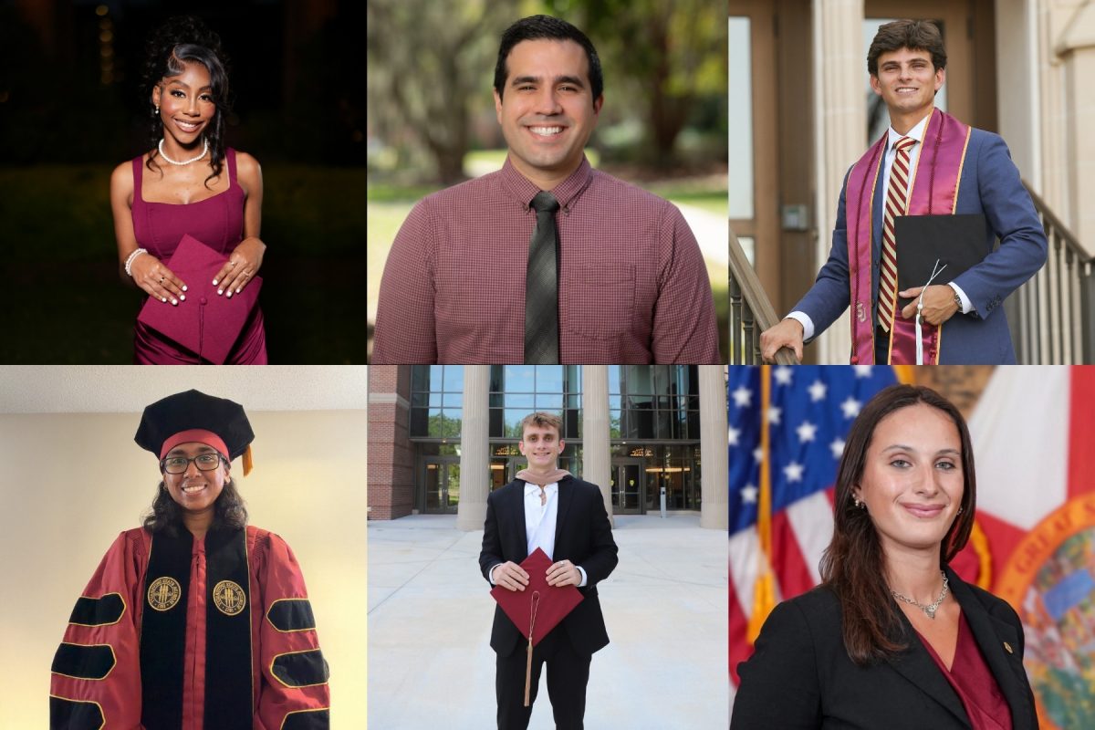 A collage displays six individuals in professional portraits, including graduates in academic attire and students in business formal wear.