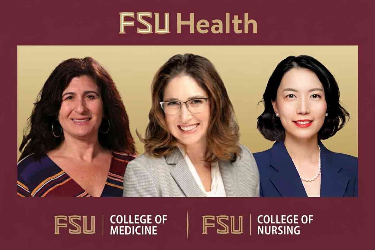 Headshots of CTBScience founding director Sylvie Naar, IDHI Founding Director Lisa Hightow-Weidman and College of Nursing Dean Jing Wang with a graphic treatment and branding of FSU Health, College of Medicine and College of Nursing.