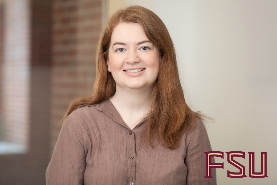 A photo portrait of a smiling woman with the FSU logo in the bottom right corner.