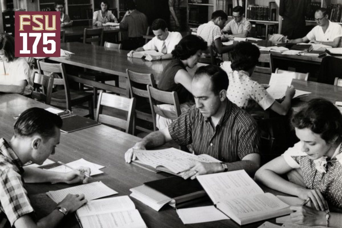 A black-and-white vintage photograph of college students sitting at wooden tables in a library, studying books and writing notes, with an "FSU 175" logo in the top-left corner.