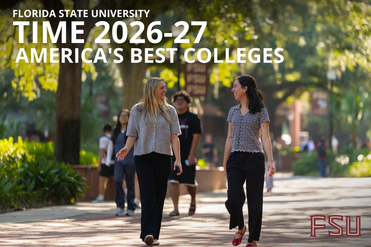 Two students walk and chat along a sunny, tree-lined campus path at Florida State University, featuring overlay text that reads "Florida State University TIME 2026-27 America's Best Colleges" alongside the FSU logo.