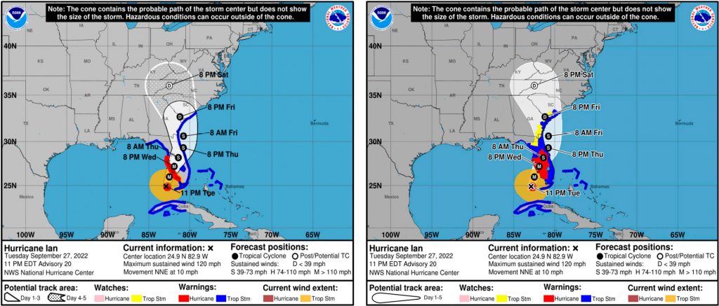 Side-by-side comparison of two National Hurricane Center forecast maps for Hurricane Ian on September 27, 2022. Both maps show the storm moving north from the Caribbean through Florida and into the southeastern United States. The left map displays the forecast track cone and storm-center positions only. The right map adds colored hurricane and tropical storm watch and warning areas along Florida, Georgia, and South Carolina, illustrating expected impacts beyond the forecast path. A banner on both maps notes that hazardous conditions can occur outside the cone.