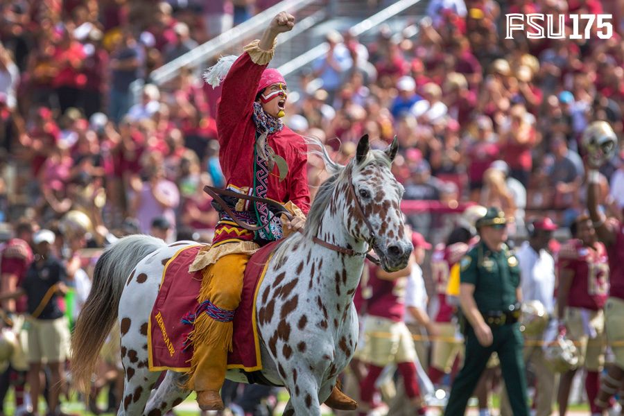 A Seminole warrior celebrates while riding his horse.