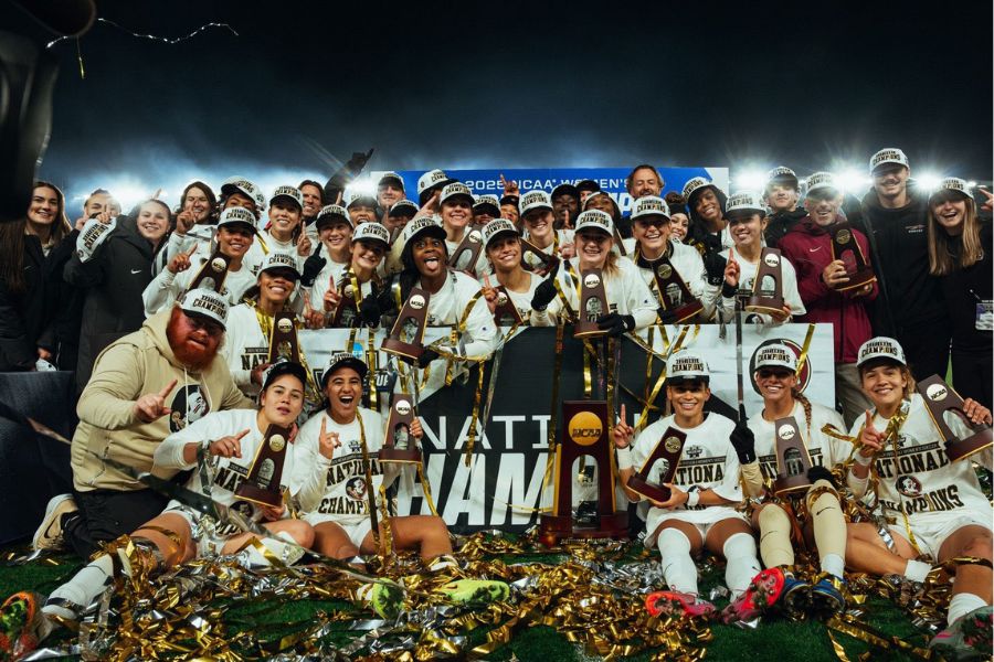 The FSU soccer team celebrates after winning another national championship.