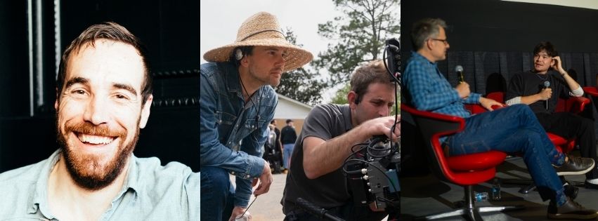 From left Portrait of film editor Nat Sanders; David Robert Mitchell wearing a straw hat and headphones beside a camera operator on the set of “The End of Oak Street”; and Alex Ullom seated onstage during a panel discussion at FSU’s College of Motion Picture Arts.