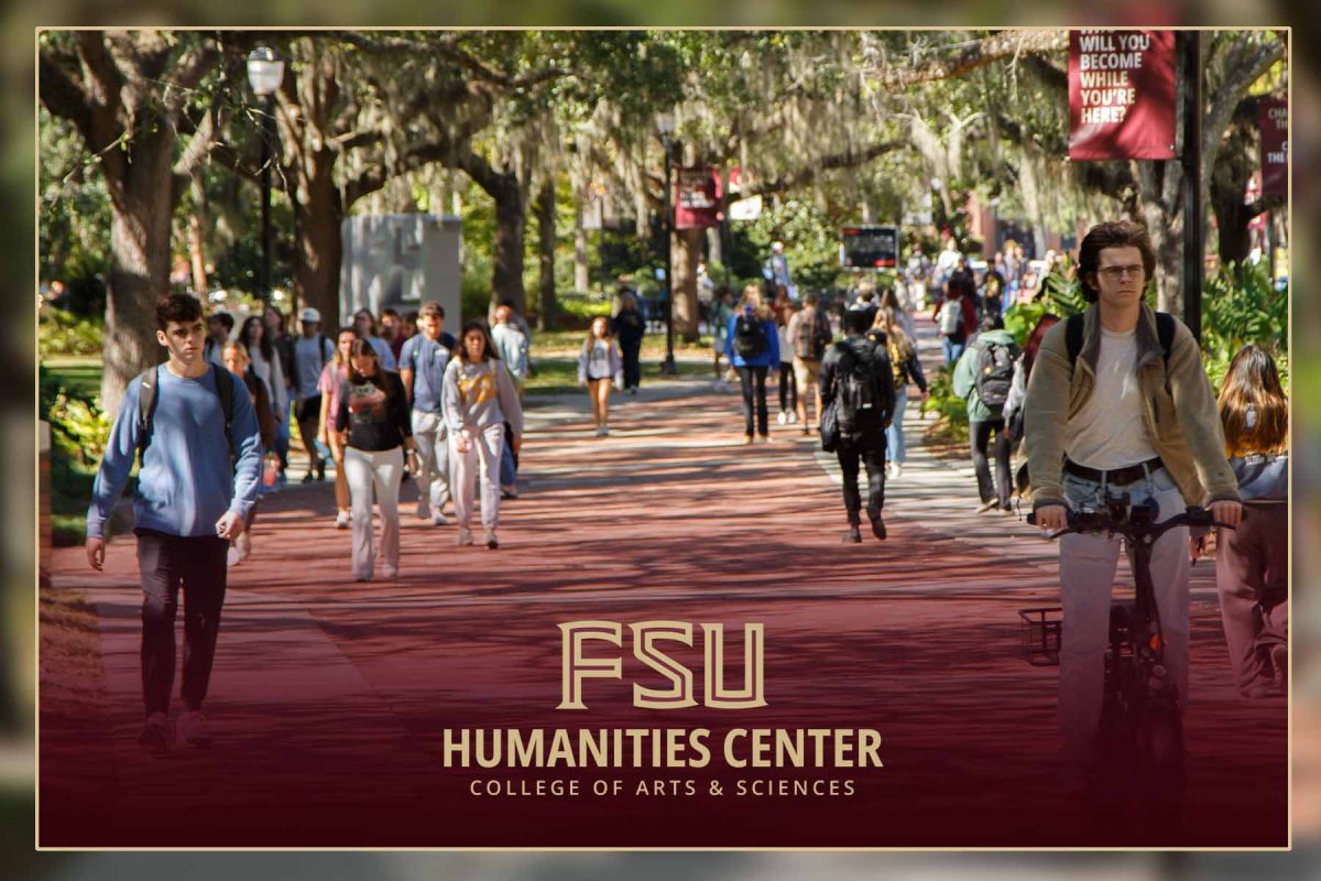 Students walk and ride bicycles along a tree-lined campus path, with text overlay reading "FSU Humanities Center, College of Arts & Sciences."