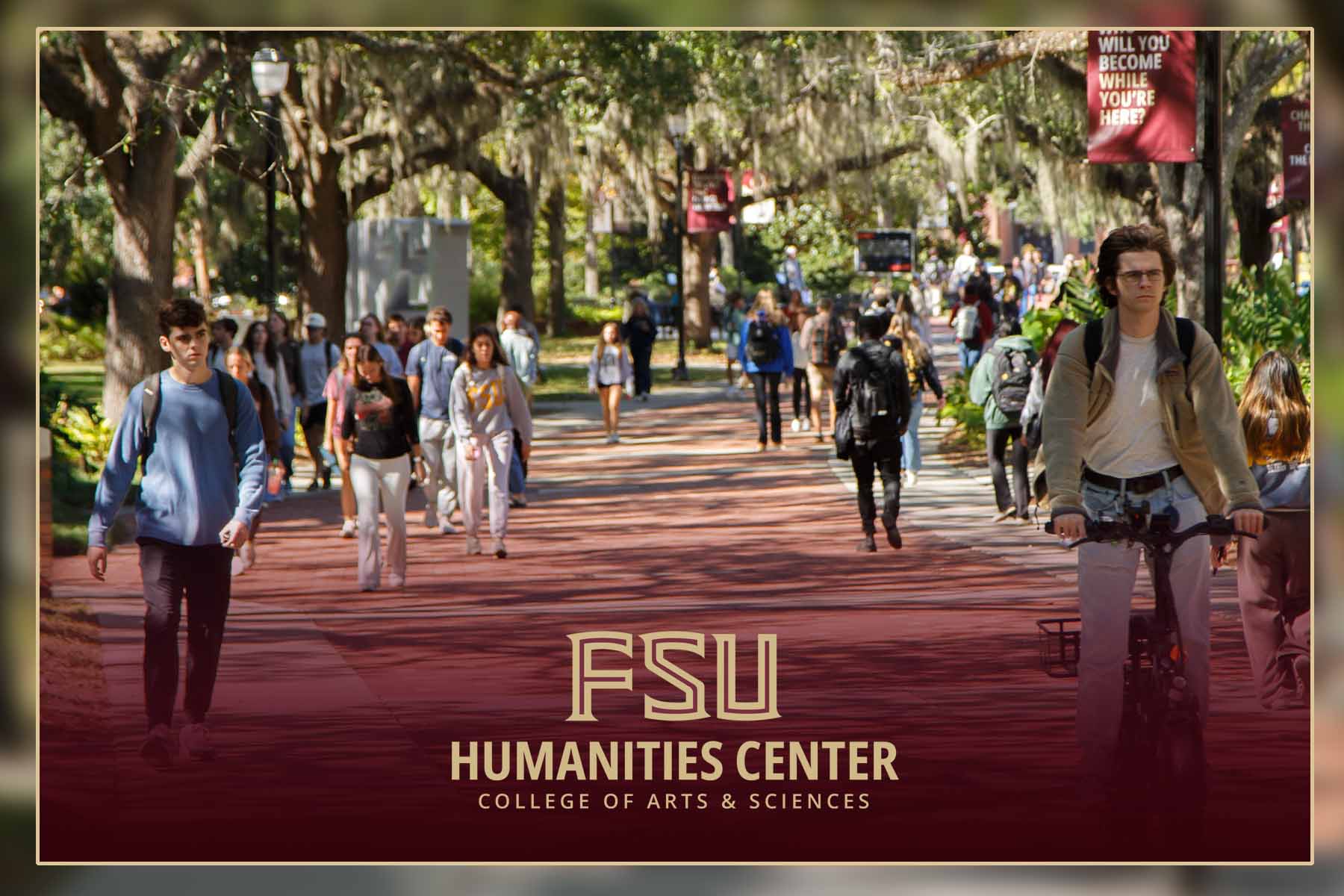 Students walk and ride bicycles along a tree-lined campus path, with text overlay reading 