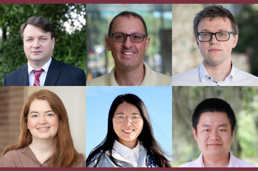 A composite photo showing six Florida State University faculty members who received NSF CAREER Awards. Clockwise from top left: Michael Gubanov; Douglas Storace; Cyprian Lewandowski; Kai Zhao; Xiaonan Zhang; and Amy Webster.