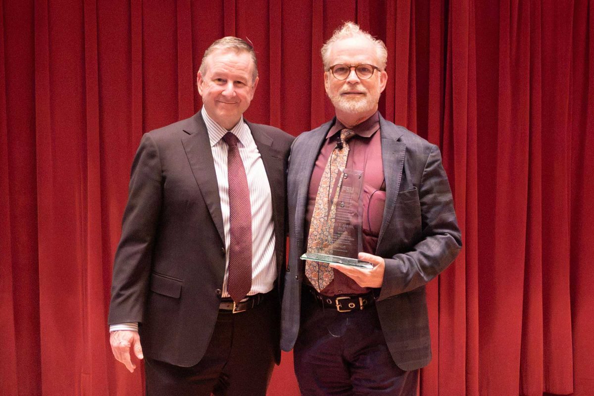 FSU President Richard McCullough and Eric Anslyn from the University of Texas at Austin, as the first recipient Presidential Lectureship for Chemical Sciences at Florida State University on Sept. 23, 2026. (Devin Bittner/Arts & Sciences)