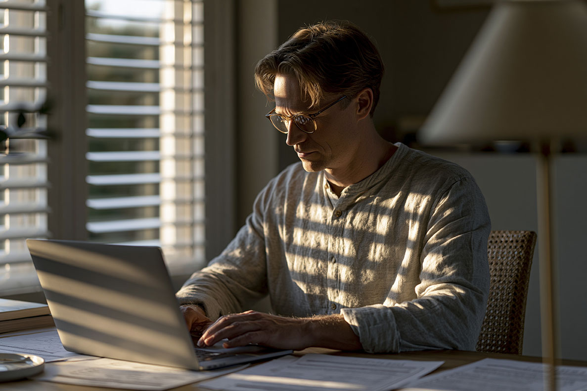 A white male works on laptop.
