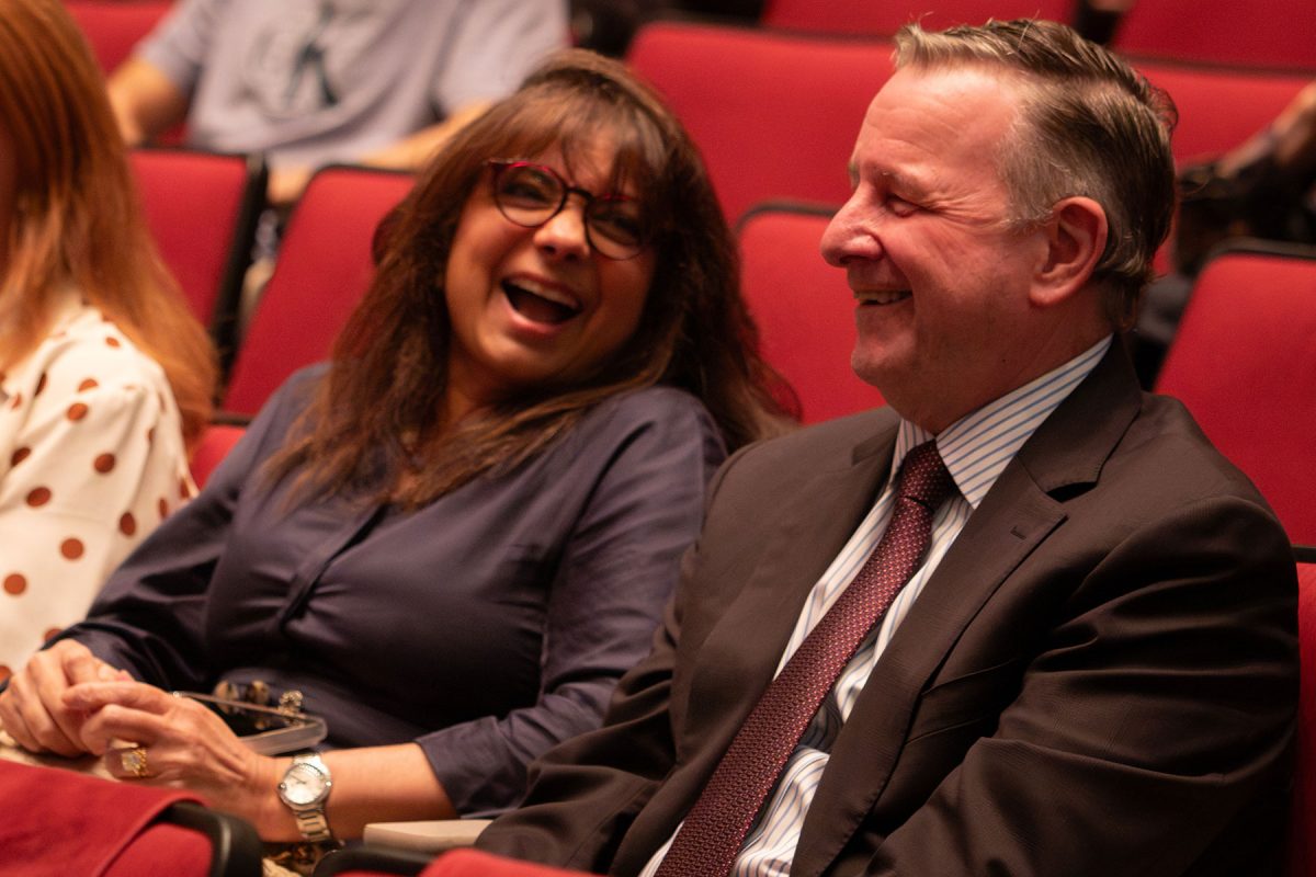 FSU First Lady Jai Vartikar and President Richard McCullough share a laugh during Anslyn's talk at the Presidential Lectureship in Chemical Sciences on Sept. 23, 2026. (Devin Bittner/Arts & Sciences)
