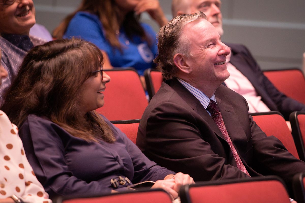 FSU First Lady Jai Vartikar and President Richard McCullough enjoy Anslyn's talk during the Presidential Lectureship in Chemical Sciences on Sept. 23, 2026. (Devin Bittner/Arts & Sciences)