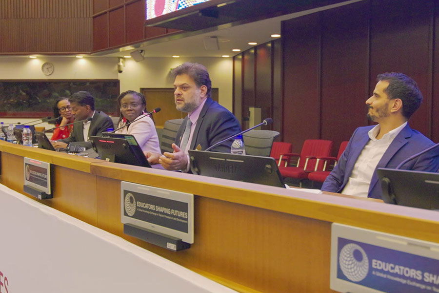 Rabieh Razzouk, director of LSI, participates in a panel on AI in education at the Educators Shaping Futures Global Knowledge Exchange. (Elliott Finebloom/LSI)