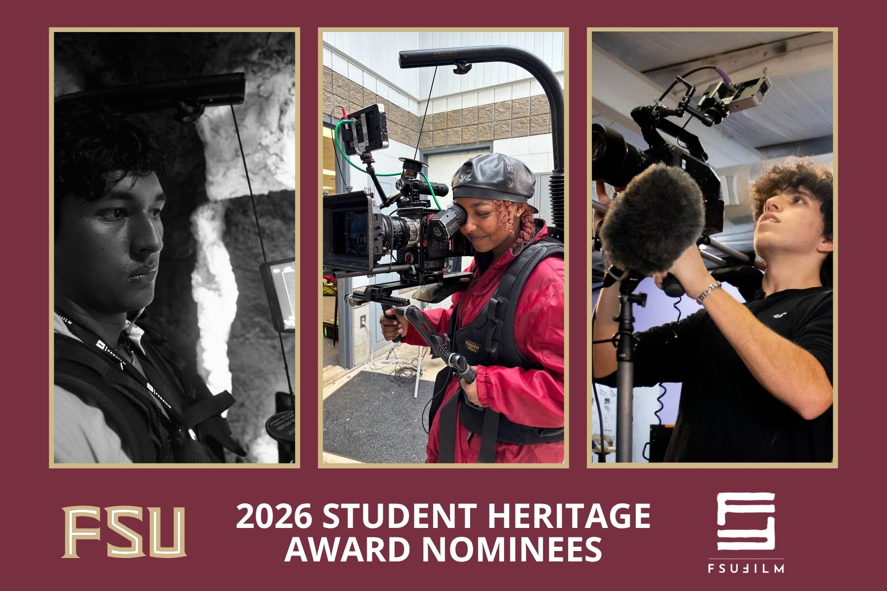 An FSU Film banner displaying three student filmmakers behind camera setups, with bold text reading "2026 Student Heritage Award Nominees".