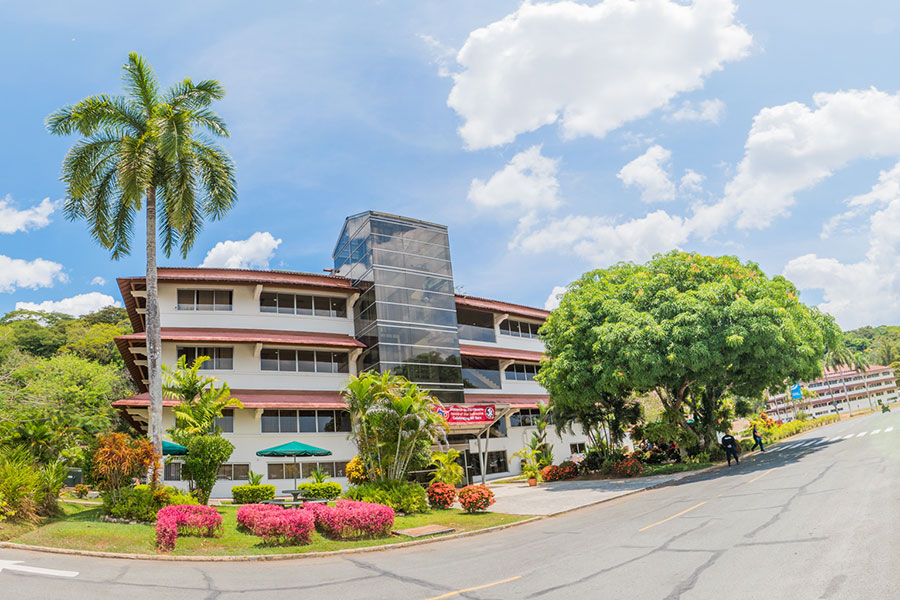 Photo of a four-story building with tropical foliage in front.