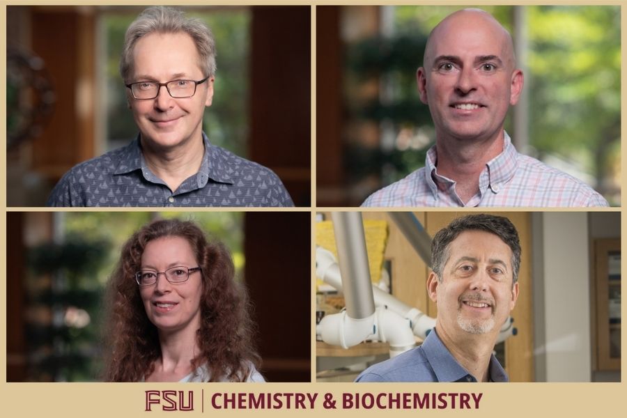 A composite photo showing for Florida State University professors and the text "FSU Chemistry and Biochemistry."