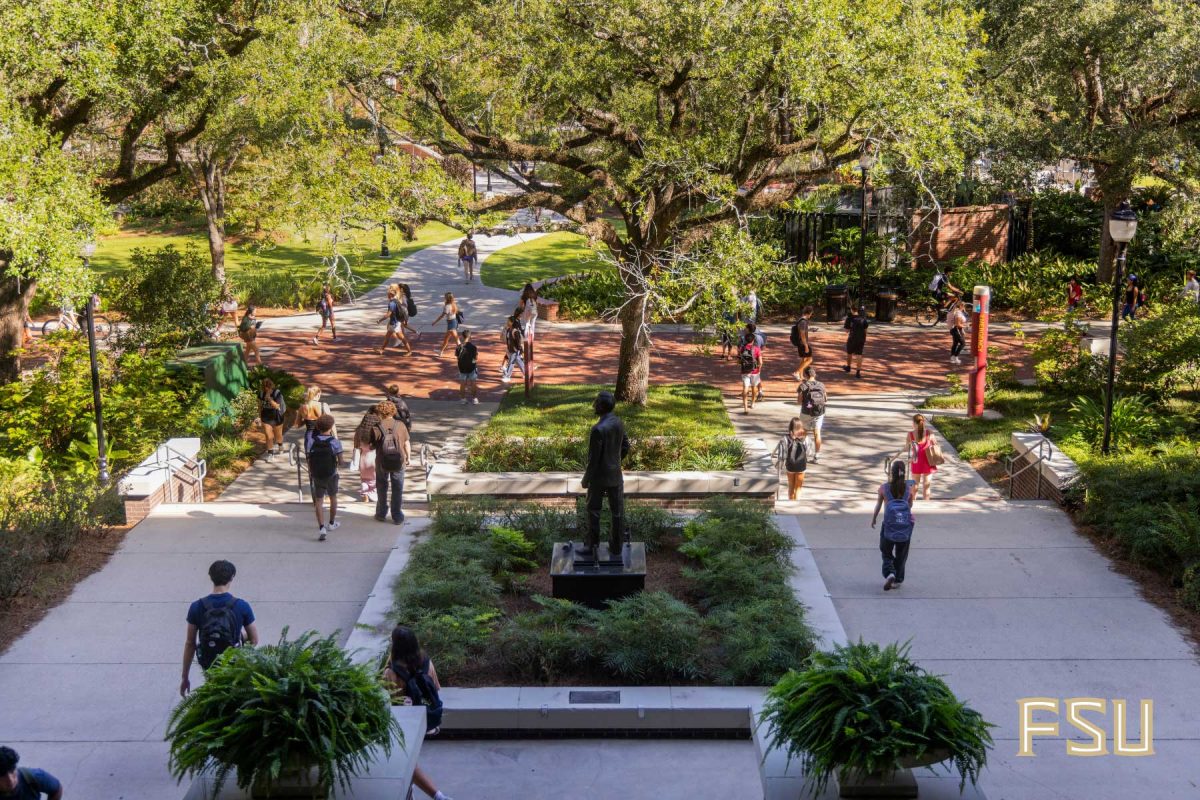 The view of trees and students on Legacy Walk from the HCB Building on FSU's campus.