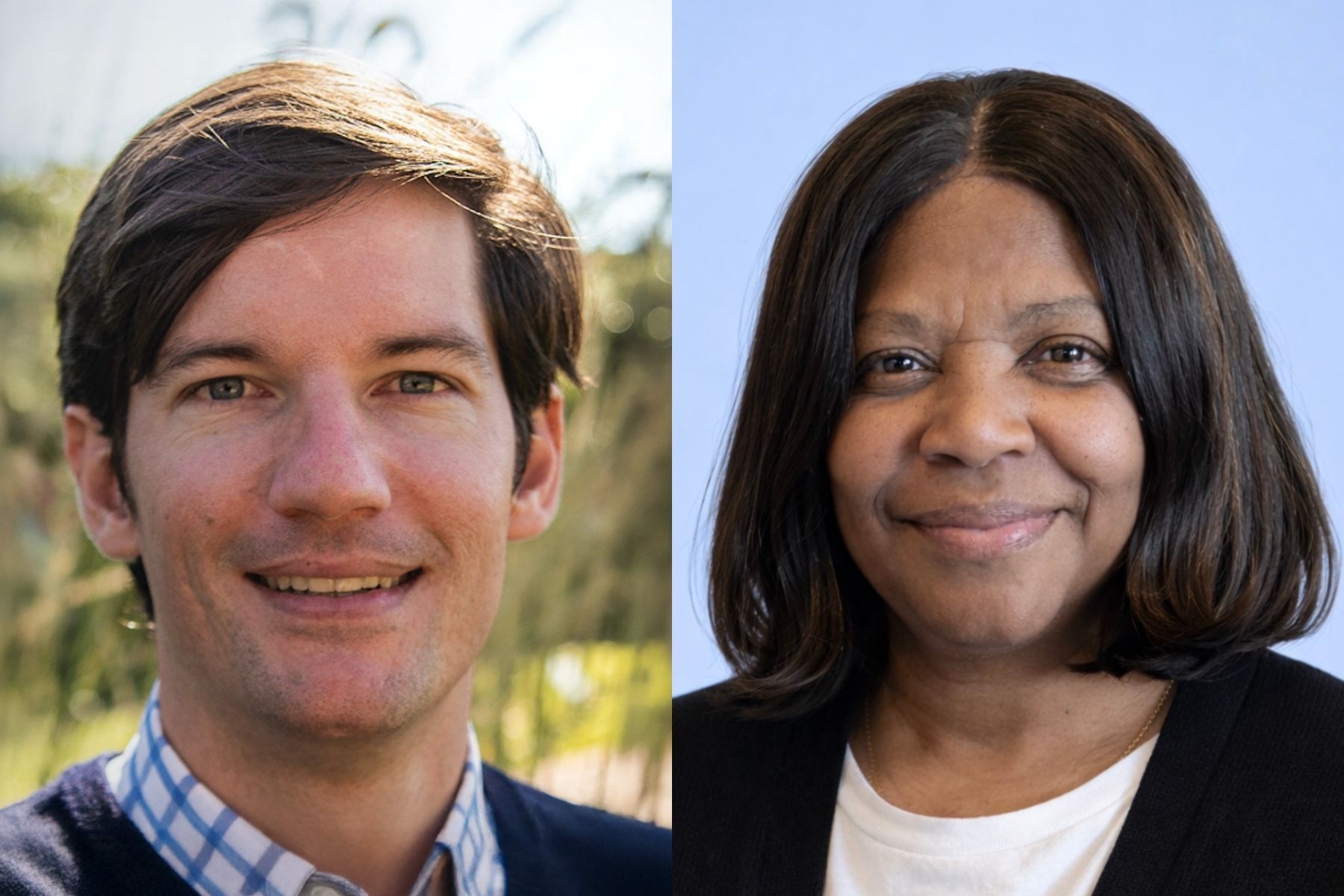 A split-screen portrait shows a man on the left with short brown hair wearing a blue sweater over a plaid shirt, smiling outdoors. On the right, a Black woman with dark, shoulder-length hair wears a white shirt and black cardigan against a light blue backdrop.
